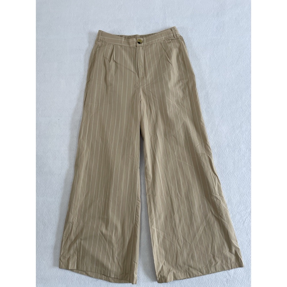 Pretty Little Thing Stone Poplin Pin Striped Tailored Wide Leg Trousers US 12